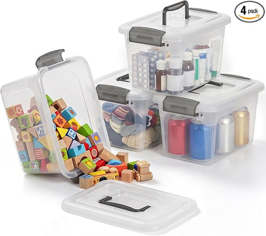 Citylife 4 Packs 6 QT Storage Bins with Lids Clear Plastic Bins with Grey Handle Stackable Storage Containers for Organizing
