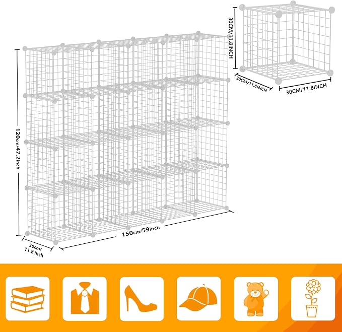 HUBSON Wire Cube Storage Organizer, Book/Toy/Craft/Potted Plants and petCloset Organizers and Storage Shelves, 20-Cube Freely Combinable Metal Grids Storage Shelf, White Iron