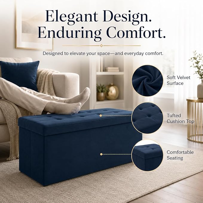 ALASDO 43 Inch Folding Storage Ottoman Bench with Hidden Storage, Velvet Storage Ottoman Foot Rest Stool, End of Bed Bench for Bedroom, Living Room, Entryway and Closet, Navy Blue