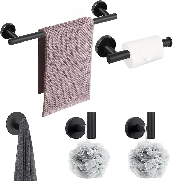 NearMoon Bathroom Hardware Set SUS 304 Thicken Stainless Steel-Towel Bar Set Include 16" Towel Rod, Toilet Paper Holder, Multifunctional Hooks Bathroom Accessories (Matte Black, 10 Pcs)
