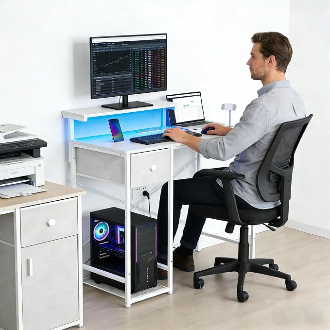 X-cosrack 33.5" Small Computer Desk with Monitor Stand & Outlets, Small Gaming Desk with LED Light & CPU Stand, Teen Study Writing Table with Storage Drawer, Side Hooks for Bedroom, Home Office White