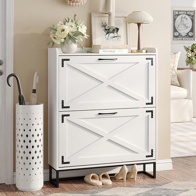 Maupvit Shoe Storage Cabinet with 2 Flip Drawers, Freestanding Organizer with Metal Legs for Entryway, Narrow Shoe Rack Cabinet, Black White