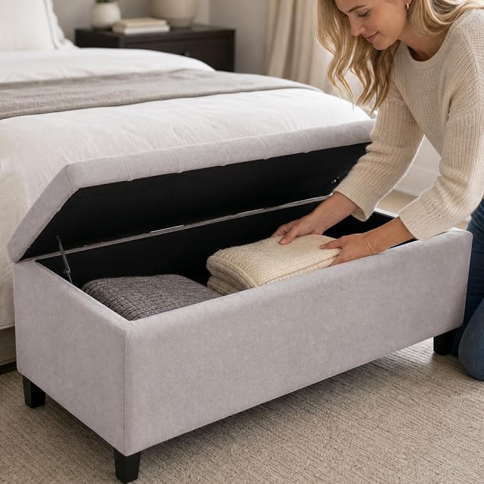 Madison Park 49" Upholstered Storage Bench, Button Tufted End of Bed Bench with Storage, Dual Spring Soft-Close Lid, Bedroom Bench for Queen King Bed, Entryway Living Room, Natural