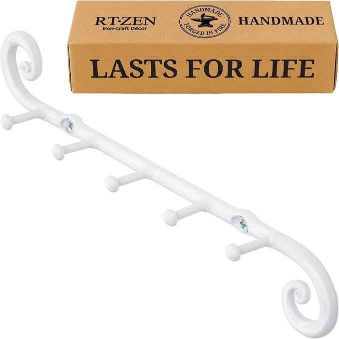 RTZEN Farmhouse Small Key Holder for Wall, Wrought Iron Wall Mount Rack | Handcrafted Swirl Decorative, 5 Key Hooks for Home Entryway, Purse, Coat and Leash Holder or Organizer (Classic White)