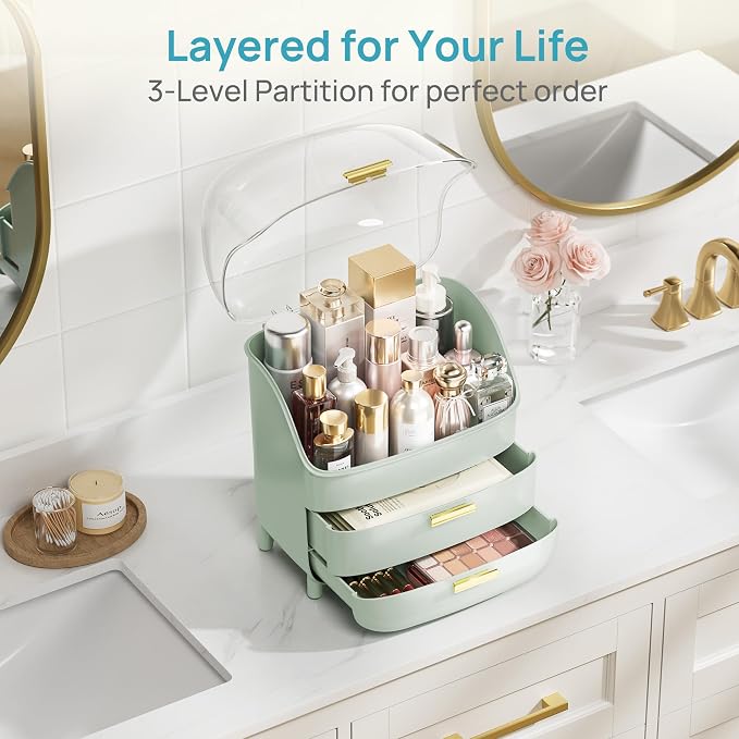 Vtopmart 3-Tier Skincare Makeup Organizer with Lid, Green
