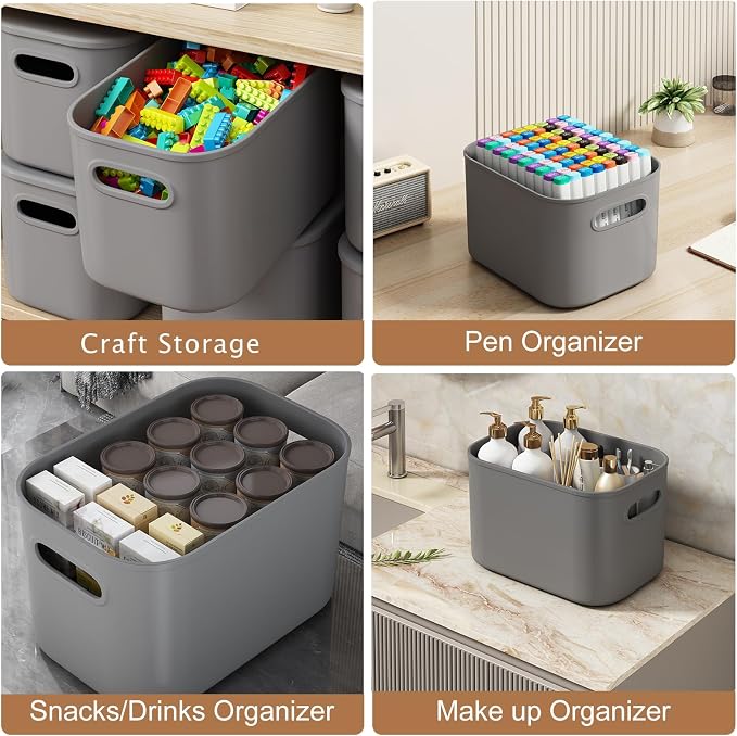 ORGIDOL 6 Pack Grey Storage Bins with Lids Stackable Storage Container for Organizing, Storage Boxes with Handle for Shelves, Cute Organizer Bins for Craft, Snacks, 9.85x6.9x5.7 inch