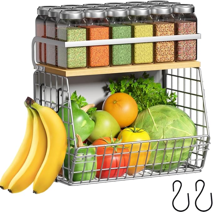 Magnetic Shelf for Fridge with Wood Lid, Fruit Potato and Onion Storage Bins, Pantry Organizers & Storage, Large Container Magnetic Spice Rack for Refrigerator, Kitchen Counter (Silver-gray, 1)