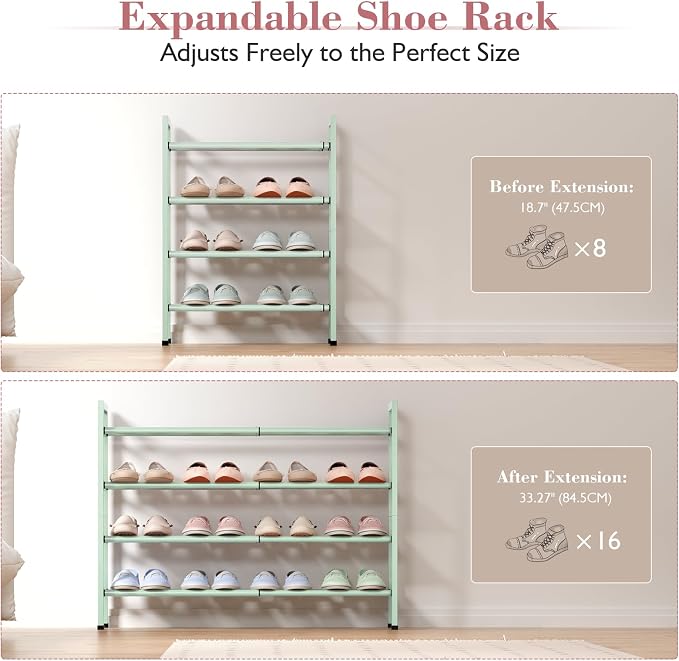 Bumusty 4 Tier Expandable Shoe Rack for Closet, Green | 18"-33" Adjustable Shoe Rack for Entryway, Small Shoe Organizer for Dorm, Front Door, Sturdy Metal