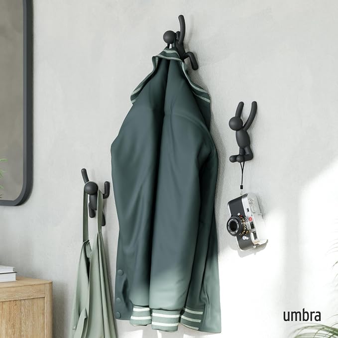 Umbra Buddy Wall Hooks – Decorative Wall Mounted Coat Hooks for Hanging Coats, Scarves, Bags, Purses, Backpacks, Towels and More, Set of 3, Black | Easy install with hardware, holds 5lbs per hook, entryway bedroom bathroom dorm, playful hanging storage...