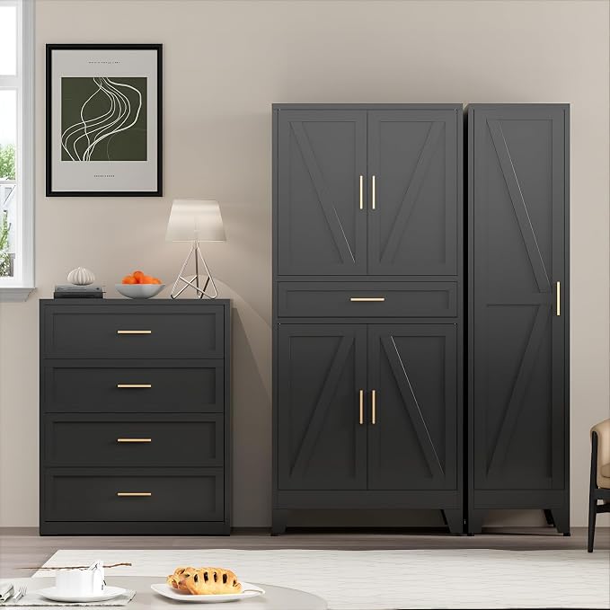 COFaR 71" Tall Metal Storage Cabinet with 4 Doors and 4 Adjustable Shelves, 6-Tier Farmhouse Storage Cabinet with Drawers and Legs, for Office, Home, Garage, Gym, School, Living Room, Hallway（Black）