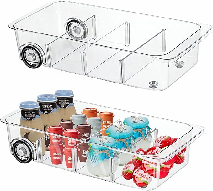 2Pack Roll Out Fridge Caddy Bins Pull Out Drawer with Wheels Refrigerator Organizer Bins with Handles Divided Fruit Caddy for Fridge Pantry Cabinet Storage Cans Drinks
