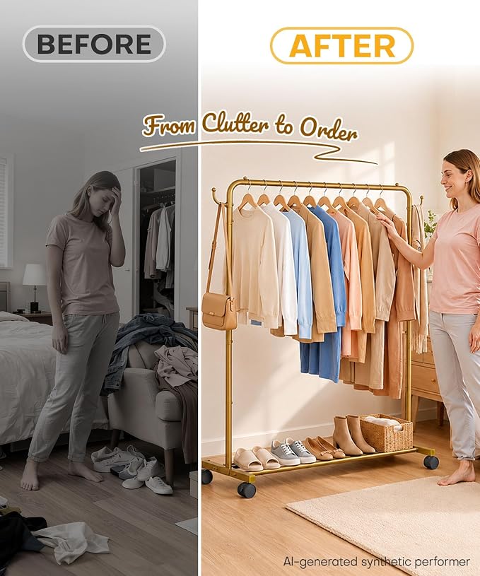 Homde Portable Clothes Rack for Bedroom: 4 Lockable Wheel Move Room-to-Room | Laundry to Closet in 1 Smooth Roll - No Heavy Lifting for Renters & Movers - 88 lbs Hanging Rod for Garment Coat to T-Shirt