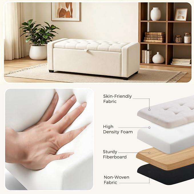 47" Beige Storage Ottoman, Entryway Bench Seat for Livingroom | Versatile design works as a coffee table or footstool; easy assembly, sturdy structure, and comfortable padded cushion.