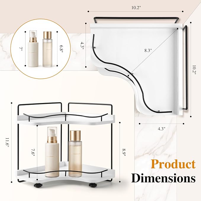 2-Tier Bathroom Counter Organizer, Solid Wood Corner Shelf for Vanity Countertop, Skincare & Makeup Storage Organizer with Metal Frame, Kitchen Counter Storage, White