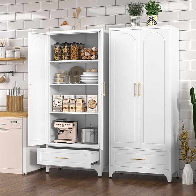 Polup 75" Metal Storage Cabinet, Tall Kitchen Pantry Cabinet with 1 Drawer | White Heavy-Duty Steel Cupboard, 2 Doors, 3 Adjustable Shelves, Magnetic Latch, Gold Handles, for Dining Living Room, Laundry