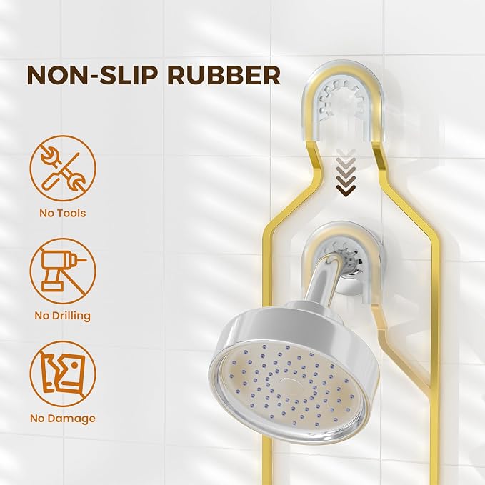 REINHARDT Split Shower Caddy Hanging for Handheld Showerheads, Gold | Adjustable Shower Organizer, Rustproof, 16 Hooks, Soap Holder, 40lbs Capacity, Anti-Slip, Tool-Free, Bathroom Accessories