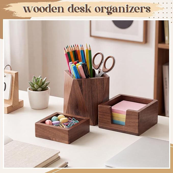Novabright 3 Pcs Walnut Wooden Desk Organizer Set Office Desk Accessories | Desktop Writing Stationery Organizer, Wood Sticky Note Holder, Pencil Holder and Paperclip Storage for Craft Home Office