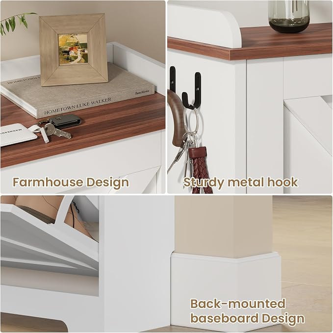 Farmhouse Shoe Cabinet Organizer with 3 Flip Drawers, 31.5" W White | Freestanding shoe cabinet with flip drawers ,space-saving storage for foyer hallway,Adjustable Shelves & 2 Hooks