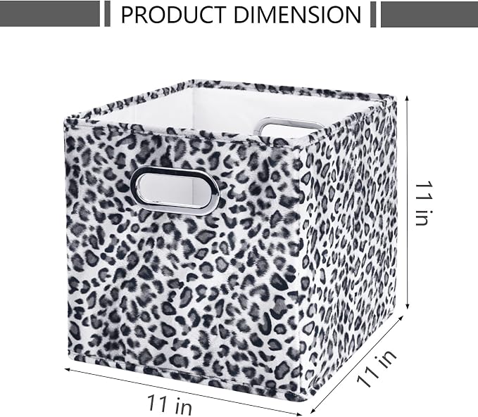 ANMINY Leopard Cheetah Print Storage Cubes Bins, Velvet, Gray, 11Inch 4PCS | Collapsible & Washable, PP Board Frame, Built-in Metal Handles, Animal Themed Fabric Cubes Baskets for Closet Shelves Decor