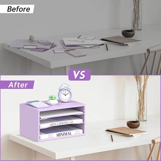 3 Tier Wood Desk Organizer, Paper Organizer for Desk, Purple | Wooden Desktop Organizer for Sorting Papers, Letters and Mails, Literature Organizer for Home Office, Classroom Organization