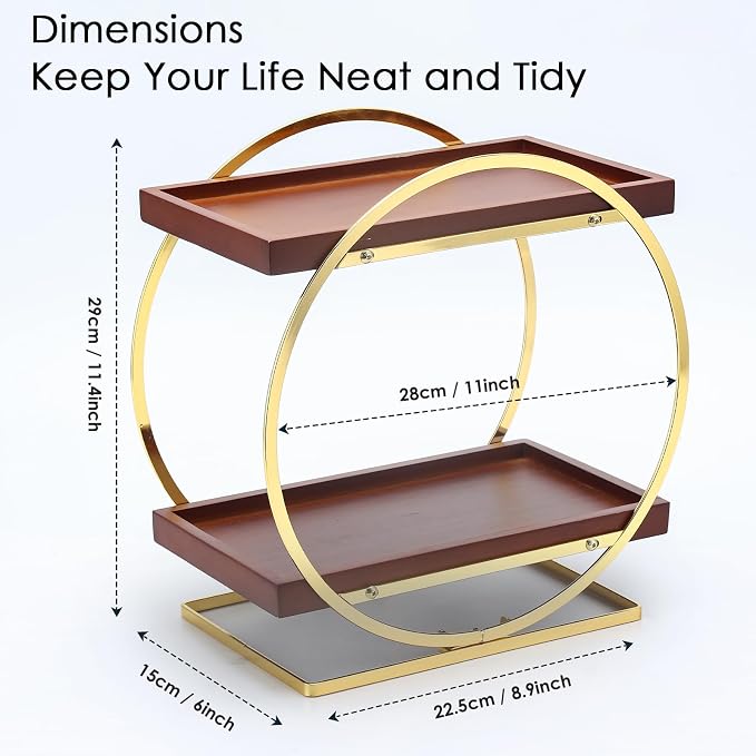 Bathroom Counter Organizer, Wooden Bathroom Organizers and Storage | 2-Tier Vanity Makeup Skincare Cologne Organizer, Bamboo Perfume Organizer for Dresser, Countertop Shelf Kitchen, Gold & Brown