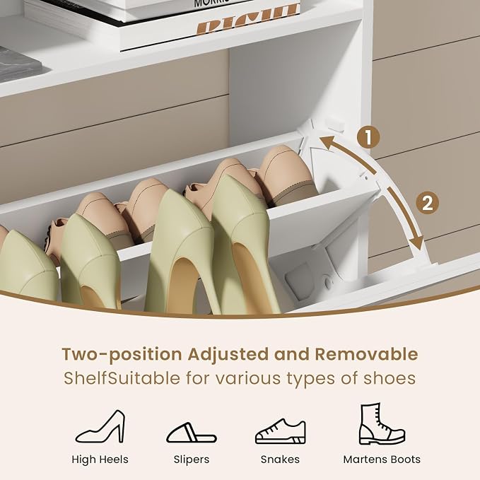 Farmhouse Shoe Cabinet Organizer with 2 Flip Drawers, 31.5" W White | Freestanding shoe cabinet with flip drawers ,space-saving storage for foyer hallway,Adjustable Shelves & 2 Hooks