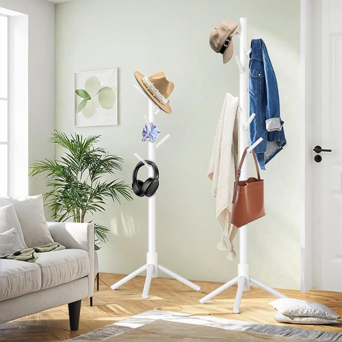 Wooden Coat Rack Freestanding with 8 Hooks,Easy Assembly New Zealand Pine Tree Coat Racks, 3 Adjustable Sizes for Clothes, Hats, Bags, for Entryway, Hallway, Bedroom, Office (White, 2 PCS)