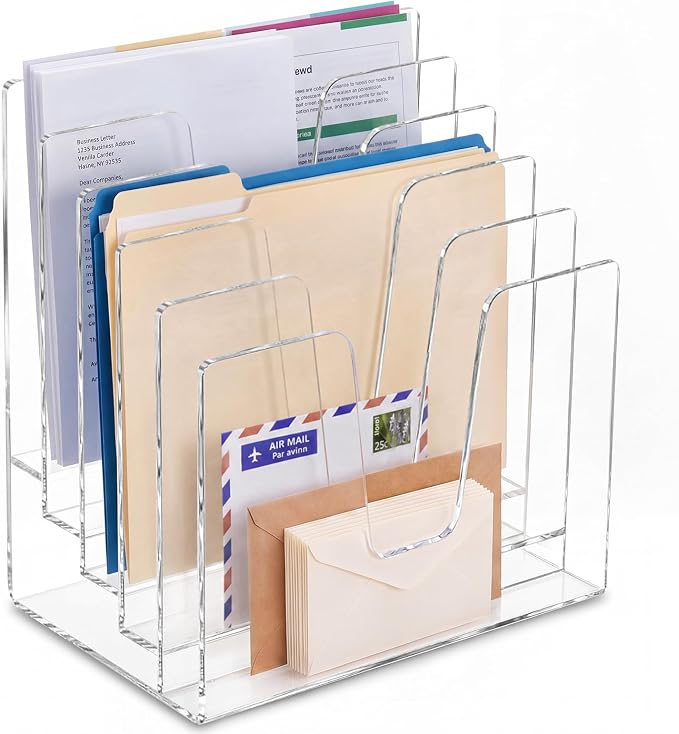5 Section Clear Acrylic File Organizer, Inclined Desktop File Sorter with 4mm Thick Panels, Vertical Document Holder for Letter Size Papers, Mail, Magazine, Home Office School