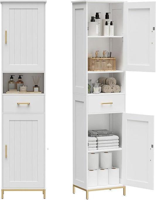 Homhedy 67" H Bathroom Storage Cabinet, Tall Bathroom Cabinet, White | Narrow Cabinet with Doors and Drawer, Adjustable Shelves, Floor Cabinet for Bathroom, Living Room, Kitchen, Dining Room