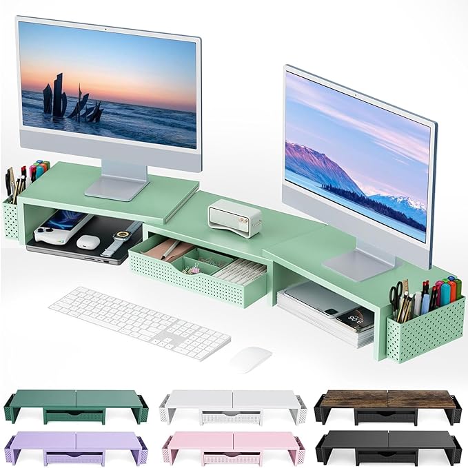 gianotter Dual Monitor Stand Riser, Desk Organizer With Drawer and 2 Pen Holders, Computer Monitor Stand, Desk Shelf for Top of Desk (Sage Green)