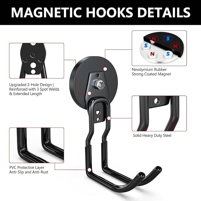 3-H Heavy Duty Magnetic Hooks,No-Drill Garage Power Tool Holder, 4 Pack | Patented Extended Right-Angle Support boosts load capacity. Works on iron & steel surfaces, perfect for workshop,shed