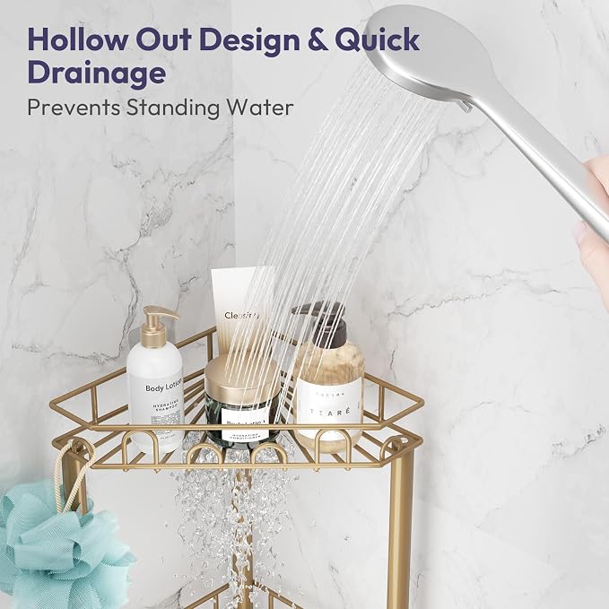 SWTYMIKI Standing Shower Caddy Corner - 4‑Tier Stainless Steel Shower Organizer Shelf with 12 Hooks and Adhesive Pads, Rustproof Corner Shelves Stand Rack for Bathroom Shower Room, Gold