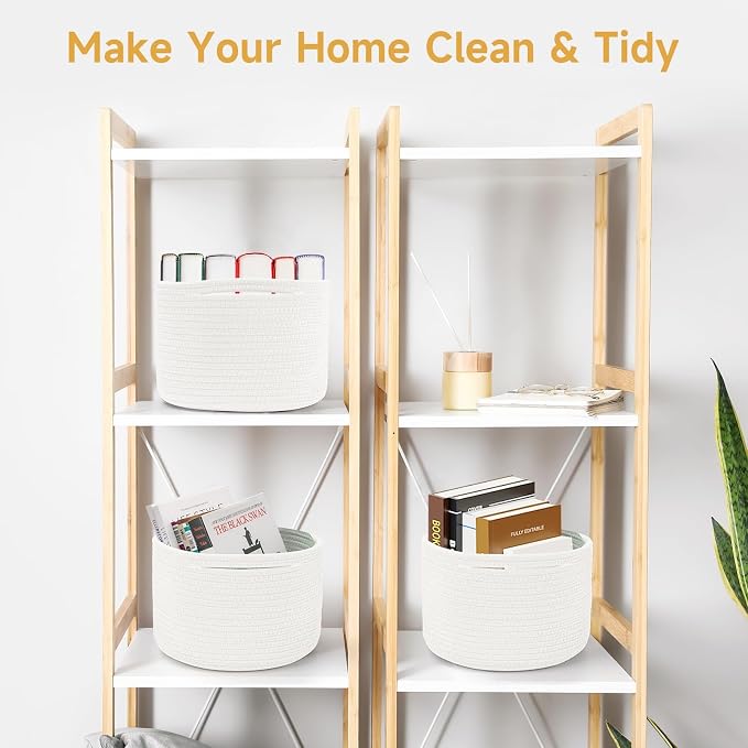 3 Pack Small Rope Storage Baskets, 9.82×9.82×7.1", White | Cotton Basket for Gifts Empty, Cute Round Woven Basket, Decorative Shelf Basket Organizer, Organizing Basket for Shelves