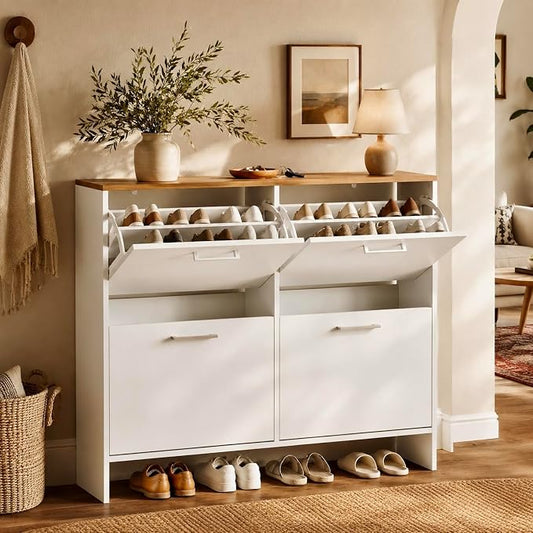 VINGLI Shoe Cabinet for Entryway, Slim Shoe Storage Cabinet with 4 Flip Drawers & Oak Top, Modern Hidden Shoe Rack Organizer, Narrow Shoe Cupboard for Hallway, White, 42 Inch