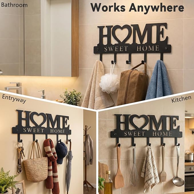 Entryway Key Holder Wall Mount with 5 Hooks, 13" Metal “Sweet Home” Key Rack Organizer for Wall, Decorative Key Hanger for Entryway, Hallway & Mudroom, Housewarming Gift, Black