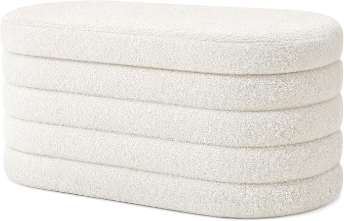 GLAXYFUR Oval Storage Ottoman Bench, 30 Inches Entryway Shoe Seat | Upholstered Ottoman with Storage, End of Bed Stool Blanket Chest, For Living Room, Hallway, Sherpa White