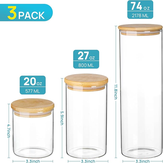 Vtopmart 74oz/27oz/20oz Glass Food Jars with Airtight Bamboo Lids, 3 Pack | Glass Pantry Storage Containers for Pasta, Nuts, Coffee Beans, Cereal, Canisters Set for Pantry Organization, BPA Free