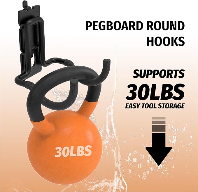 HUHOLE 8 Pack Double Arm Round Pegboard Hooks for 1/4 Inch Pegboard | Tool Holders with 30 lb Capacity, Vinyl Coated Steel Hangers for Garage, Workshop, Drills, Hammers and Cords