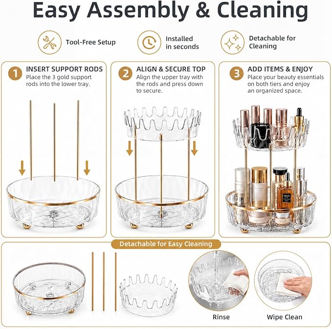 2 Tier Rotating Makeup Organizer for Vanity, Clear Bathroom Counter Organizer, Skincare Organizer and Perfume Organizer, Countertop Cosmetic Storage for Cabinet, Pantry and Kitchen (Clear)