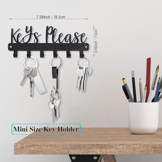 Keys Please Key Holder Wall Mounted, Mini Size: 7.28x2.95inch | Black Metal Decorative Rack Hooks for Garage,Mudroom,Hallway,Entryway,Front Door,Office