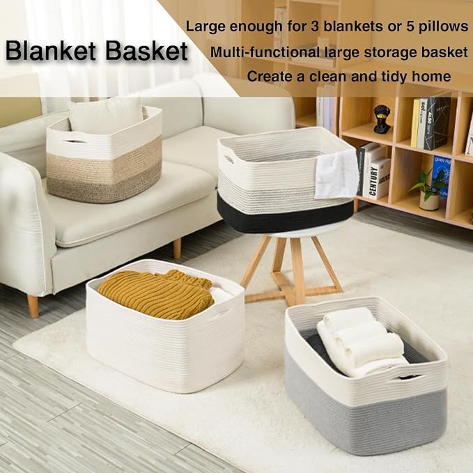 ICERZCZ Large Rectangle Blanket Basket, Large Storage Basket for Organizing, Cotton Rope Woven Basket for Storage with Handles, Baby Nursery Living Room Bedroom, 22”x17”x12”, 75L