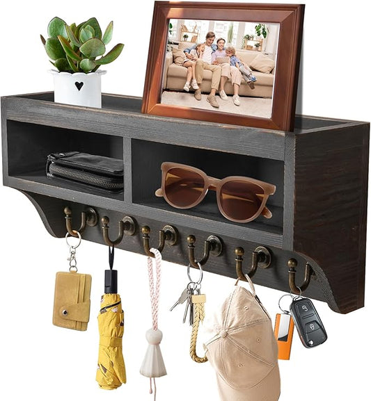 Key Holder Wall Mount with Mail Organizer, 6 Hooks & Shelf, Black | Wood Key Holder Wall Mount with 6 Key Hooks, Shelf & Storage Box and Mail Organizer for Entryway, Apartment, Home and Office