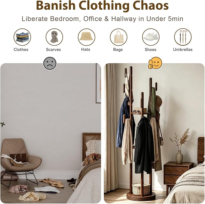 Rotary Coat Rack Freestanding - Solid Wood Coat Tree with 9 hooks & 3 Storage Shelves for Purse, Bag, Jacket, Hat, Corner Hanger Stand Racks for Hall, Entryway, Office, Modern Clothes Holder