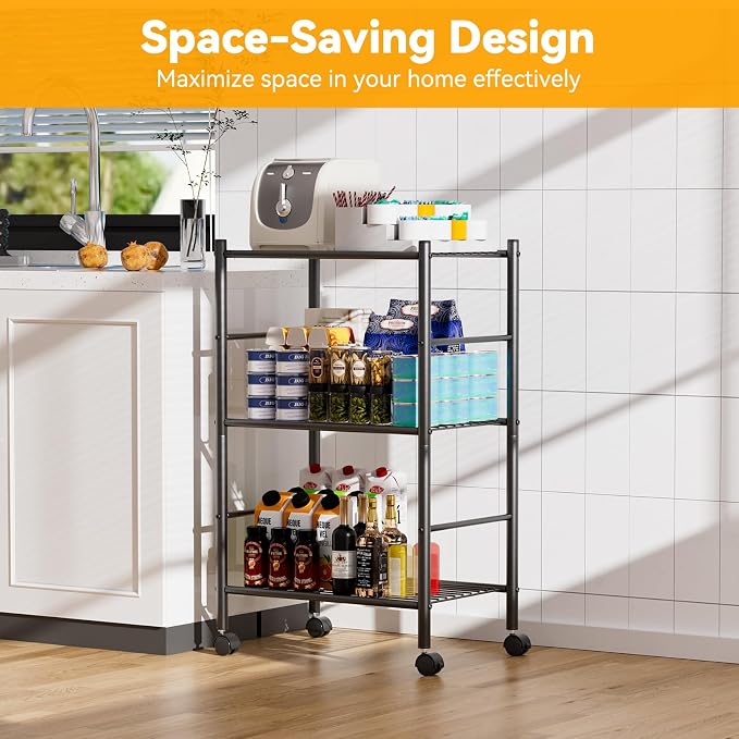 BolDuck 3 Tier Shelf Organizer Rack, Metal Shelving Unit with Wheels/Leveling Feet, Space-Saving Storage Shelves for Closet Laundry Bathroom Kitchen Pantry, 18.11" Wx12.6 Dx31.5 H