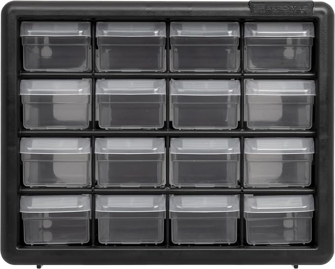 Akro-Mils 16-Drawer Plastic Storage Cabinet, 10.5"W x 6.5"D x 8.5"H, Black | Plastic Cabinet w/ Drawers for Garage Organization, Beads, Makeup Organizer, Building Bricks Storage, Teacher Toolbox, 10116