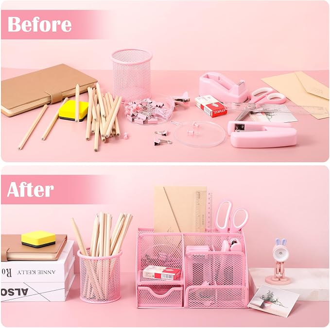 auroray Pink Desk Organizers and Accessories, Pink Office Supplies Include Mesh Desk Organizer, Tape Dispenser, Stapler, 1000 Staples, Staple Remover, Pen Holder, Clips Set, Ruler, Scissors