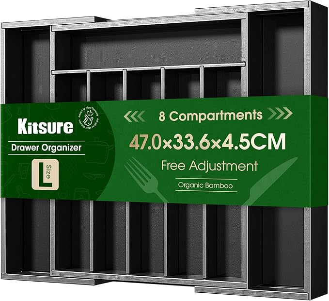Kitsure Silverware Organizer, Bamboo Kitchen Drawer Tray, Black, Large | Expandable Drawer Kitchen Organizer, Cooking Utensils & Cutlery, Sturdy & Thickened Design, Storage Solution