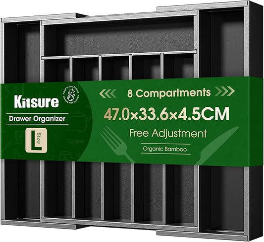 Kitsure Silverware Organizer, Bamboo Kitchen Drawer Tray, Black, Large | Expandable Drawer Kitchen Organizer, Cooking Utensils & Cutlery, Sturdy & Thickened Design, Storage Solution