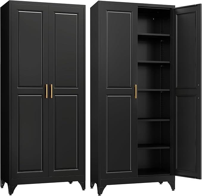 SteeLoong 75”Metal Pantry Storage Cabinet with Doors & 5 Adjustable Shelves | Kitchen Pantry Cabinet,Black Kitchen Cabinet with 2 Gold Handles,Tall Cabinet for Livingroom,Pantry, Bathroom,Kitchen,Garage