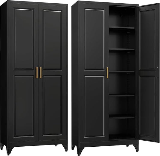 SteeLoong 75”Metal Pantry Storage Cabinet with Doors & 5 Adjustable Shelves | Kitchen Pantry Cabinet,Black Kitchen Cabinet with 2 Gold Handles,Tall Cabinet for Livingroom,Pantry, Bathroom,Kitchen,Garage